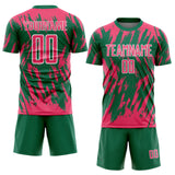 Custom Kelly Green Neon Pink-White Splatter Torn Sharp Brush Stroke Sublimation Soccer Uniform Jersey