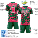 Custom Kelly Green Neon Pink-White Splatter Torn Sharp Brush Stroke Sublimation Soccer Uniform Jersey