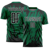 Custom Kelly Green Black-White Splatter Torn Sharp Brush Stroke Sublimation Soccer Uniform Jersey