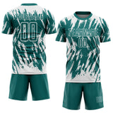 Custom Teal-White Splatter Torn Sharp Brush Stroke Sublimation Soccer Uniform Jersey