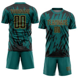 Custom Teal Black-Old Gold Splatter Torn Sharp Brush Stroke Sublimation Soccer Uniform Jersey