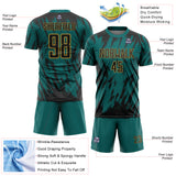 Custom Teal Black-Old Gold Splatter Torn Sharp Brush Stroke Sublimation Soccer Uniform Jersey