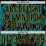 Custom Teal Black-Old Gold Splatter Torn Sharp Brush Stroke Sublimation Soccer Uniform Jersey