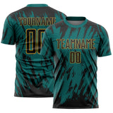 Custom Teal Black-Old Gold Splatter Torn Sharp Brush Stroke Sublimation Soccer Uniform Jersey
