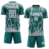 Custom Teal Gray-White Splatter Torn Sharp Brush Stroke Sublimation Soccer Uniform Jersey