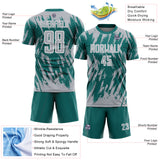 Custom Teal Gray-White Splatter Torn Sharp Brush Stroke Sublimation Soccer Uniform Jersey