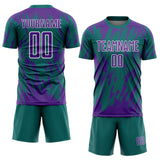 Custom Teal Purple-White Splatter Torn Sharp Brush Stroke Sublimation Soccer Uniform Jersey
