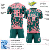 Custom Teal Medium Pink-White Splatter Torn Sharp Brush Stroke Sublimation Soccer Uniform Jersey