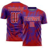 Custom Purple Red-White Splatter Torn Sharp Brush Stroke Sublimation Soccer Uniform Jersey