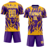 Custom Purple Gold-White Splatter Torn Sharp Brush Stroke Sublimation Soccer Uniform Jersey