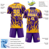 Custom Purple Gold-White Splatter Torn Sharp Brush Stroke Sublimation Soccer Uniform Jersey