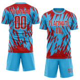 Custom Sky Blue Red-White Splatter Torn Sharp Brush Stroke Sublimation Soccer Uniform Jersey