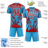 Custom Sky Blue Red-White Splatter Torn Sharp Brush Stroke Sublimation Soccer Uniform Jersey