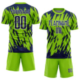 Custom Neon Green Navy-White Splatter Torn Sharp Brush Stroke Sublimation Soccer Uniform Jersey
