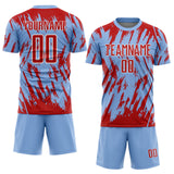 Custom Light Blue Red-White Splatter Torn Sharp Brush Stroke Sublimation Soccer Uniform Jersey
