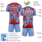 Custom Light Blue Red-White Splatter Torn Sharp Brush Stroke Sublimation Soccer Uniform Jersey
