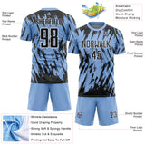 Custom Light Blue Black-White Splatter Torn Sharp Brush Stroke Sublimation Soccer Uniform Jersey