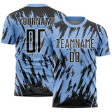Custom Light Blue Black-White Splatter Torn Sharp Brush Stroke Sublimation Soccer Uniform Jersey