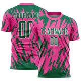Custom Pink Kelly Green-White Splatter Torn Sharp Brush Stroke Sublimation Soccer Uniform Jersey