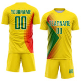 Custom Light Yellow Kelly Green Red-White Brasil Abstract Geometric Sublimation Soccer Uniform Jersey
