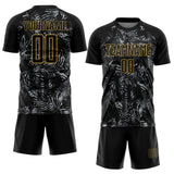 Custom Black Gray-Old Gold Brasil Tropical Palm Leaves Sublimation Soccer Uniform Jersey