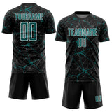 Custom Black Teal-White Abstract Network Crackle Sublimation Soccer Uniform Jersey