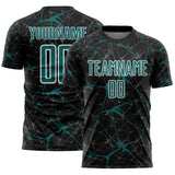 Custom Black Teal-White Abstract Network Crackle Sublimation Soccer Uniform Jersey