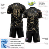 Custom Black-Vegas Gold Abstract Network Crackle Sublimation Soccer Uniform Jersey
