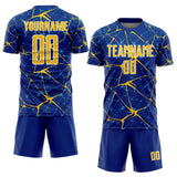 Custom Royal Yellow-White Abstract Network Crackle Sublimation Soccer Uniform Jersey