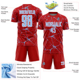 Custom Red Light Blue-White Abstract Network Crackle Sublimation Soccer Uniform Jersey