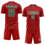 Custom Red Kelly Green-White Abstract Network Crackle Sublimation Soccer Uniform Jersey