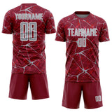 Custom Crimson Gray-White Abstract Network Crackle Sublimation Soccer Uniform Jersey