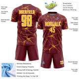 Custom Burgundy Gold-White Abstract Network Crackle Sublimation Soccer Uniform Jersey