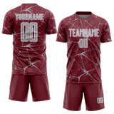 Custom Burgundy Gray-White Abstract Network Crackle Sublimation Soccer Uniform Jersey