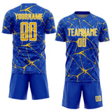 Custom Thunder Blue Yellow-White Abstract Network Crackle Sublimation Soccer Uniform Jersey