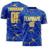 Custom Thunder Blue Yellow-White Abstract Network Crackle Sublimation Soccer Uniform Jersey