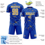 Custom Thunder Blue Old Gold-White Abstract Network Crackle Sublimation Soccer Uniform Jersey