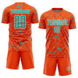 Custom Orange Aqua-White Abstract Network Crackle Sublimation Soccer Uniform Jersey