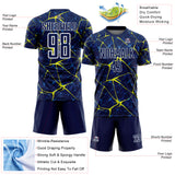Custom Navy Neon Yellow-White Abstract Network Crackle Sublimation Soccer Uniform Jersey