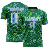 Custom Kelly Green Light Blue-White Abstract Network Crackle Sublimation Soccer Uniform Jersey