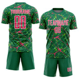 Custom Kelly Green Neon Pink-White Abstract Network Crackle Sublimation Soccer Uniform Jersey
