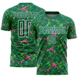 Custom Kelly Green Pink-White Abstract Network Crackle Sublimation Soccer Uniform Jersey