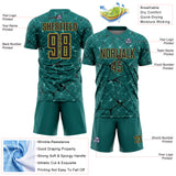 Custom Teal Black-Old Gold Abstract Network Crackle Sublimation Soccer Uniform Jersey