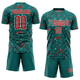 Custom Teal Red-White Abstract Network Crackle Sublimation Soccer Uniform Jersey