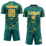 Custom Teal Gold-White Abstract Network Crackle Sublimation Soccer Uniform Jersey