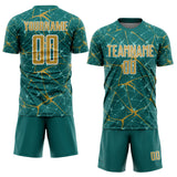 Custom Teal Old Gold-White Abstract Network Crackle Sublimation Soccer Uniform Jersey