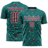 Custom Teal Crimson-White Abstract Network Crackle Sublimation Soccer Uniform Jersey