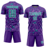 Custom Purple Teal-White Abstract Network Crackle Sublimation Soccer Uniform Jersey