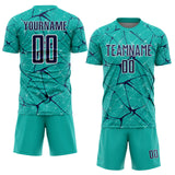 Custom Aqua Navy-White Abstract Network Crackle Sublimation Soccer Uniform Jersey