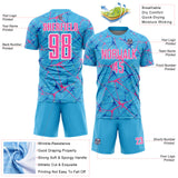 Custom Sky Blue Pink-White Abstract Network Crackle Sublimation Soccer Uniform Jersey